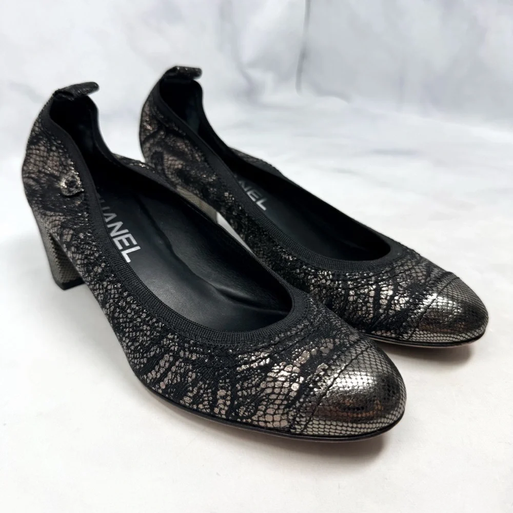 CHANEL Vintage Y2K Metallic Leather Heeled Ballet Ballerina Pump Heel Shoes 36